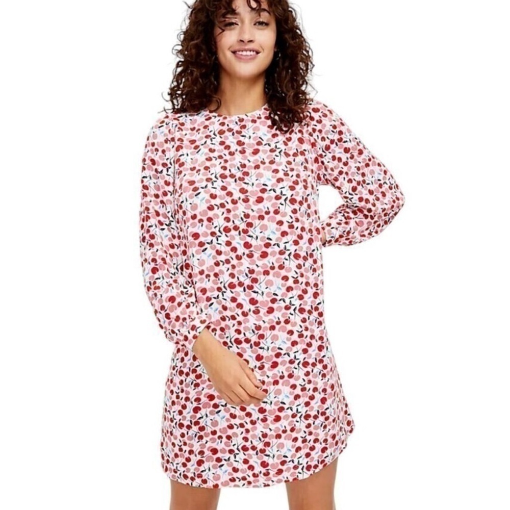 Loft Cherry Print Balloon Sleeve Shift Dress Size Small